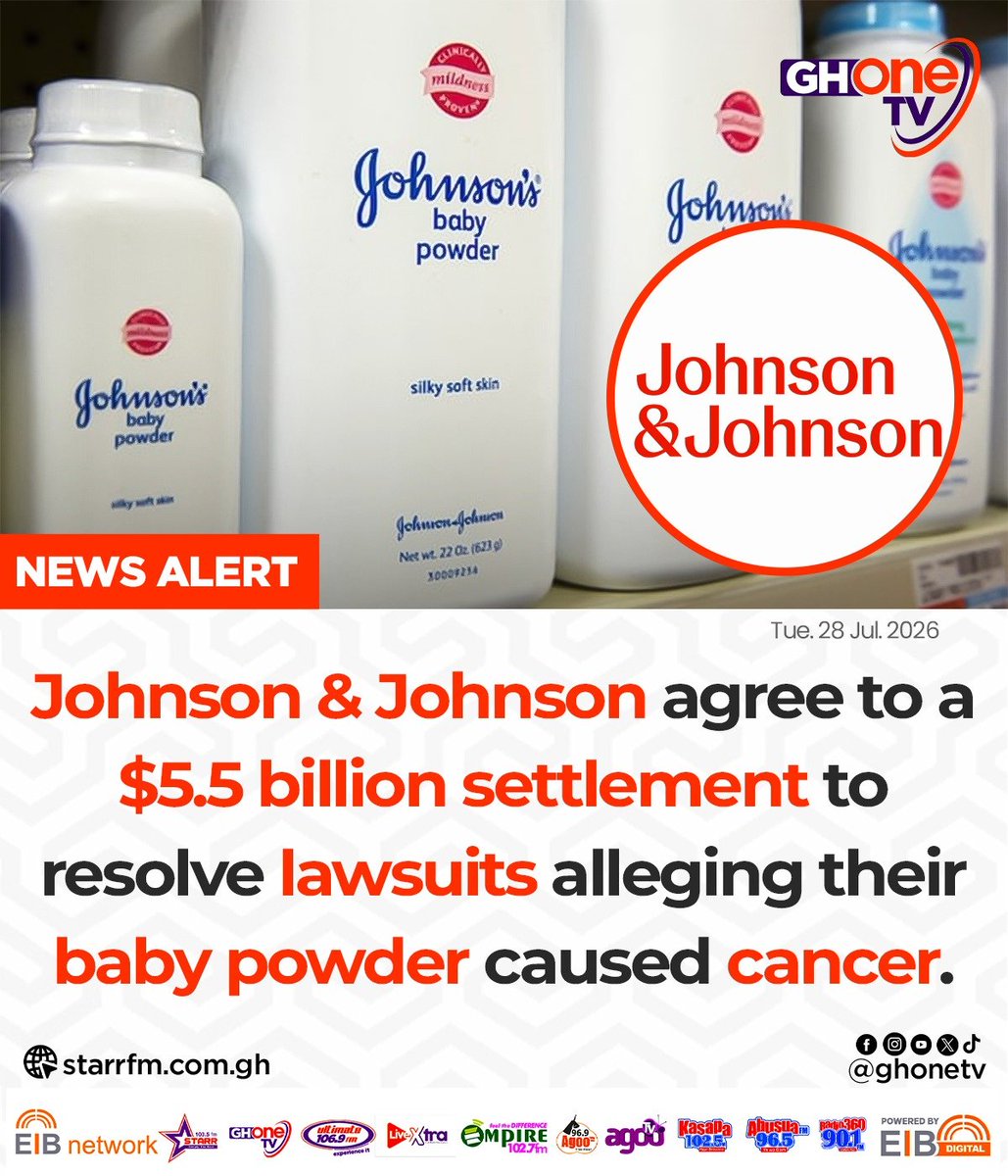 ghonetv's tweet photo. Johnson &amp; Johnson agree to a $5.5 billion settlement to resolve lawsuits alleging their baby powder caused cancer...

#GHOneNews #EIBNetwork
#GHOneTV #NewsAlert https://t.co/vixqmSa0tN