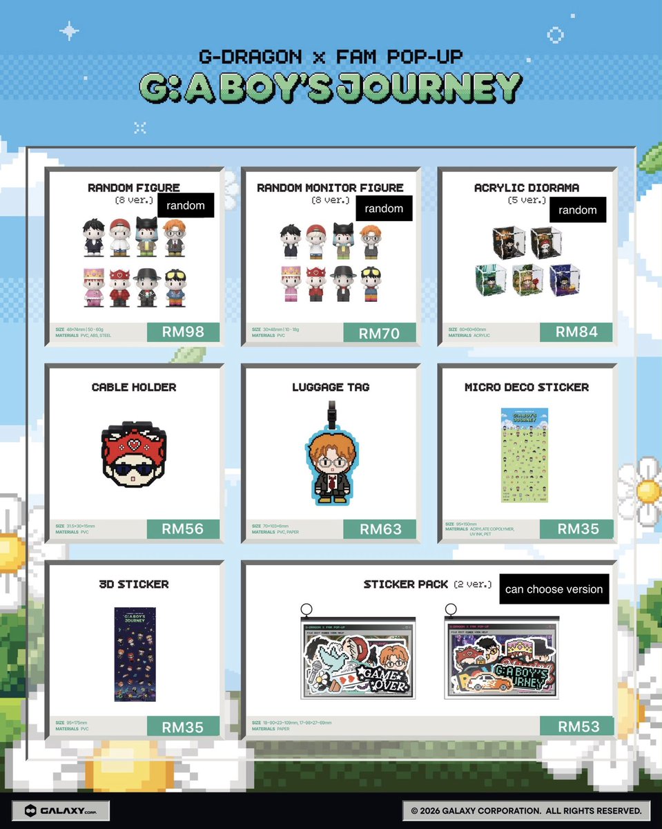 jonginie0114's tweet photo. [ MY GO ] G-DRAGON × FAM POP-UP G: A BOY’S 🇲🇾

♡ Prices are as shown in the picture
♡ Price exclude international &amp; local postage
♡ Deadline: 8/7/2026 12 PM

If you’re interested, feel free to DM me to place your order 💛

#gdragon #gd #pasarbigbang #pasargd https://t.co/WoUKyC2HpB