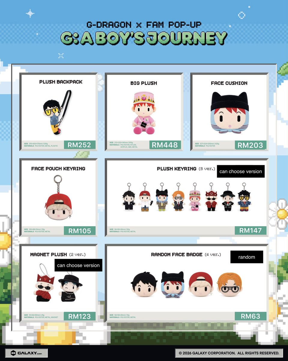 jonginie0114's tweet photo. [ MY GO ] G-DRAGON × FAM POP-UP G: A BOY’S 🇲🇾

♡ Prices are as shown in the picture
♡ Price exclude international &amp; local postage
♡ Deadline: 8/7/2026 12 PM

If you’re interested, feel free to DM me to place your order 💛

#gdragon #gd #pasarbigbang #pasargd https://t.co/WoUKyC2HpB