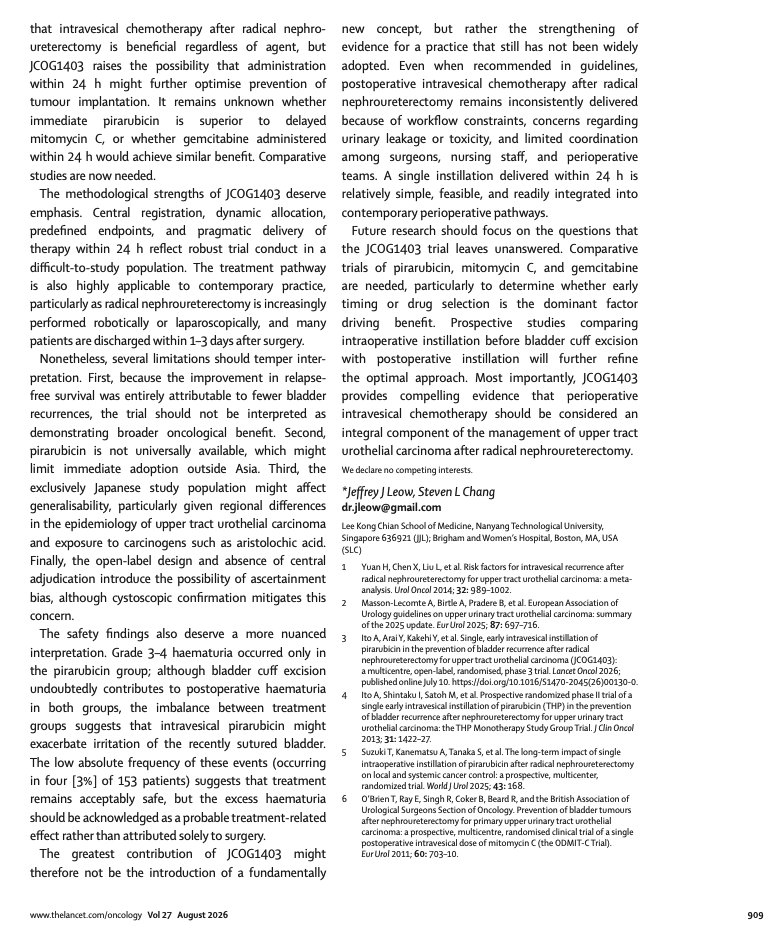 jleow's tweet photo. Glad to have written an invited editorial on this with @SLChang1. Congrats to the JCOG1403 Authors on their @LancetOncology paper and moving the needle toward better care for UTUC patients. #UTUC #pirarubicin #nephroureterectomy https://t.co/14mKuCpsJV