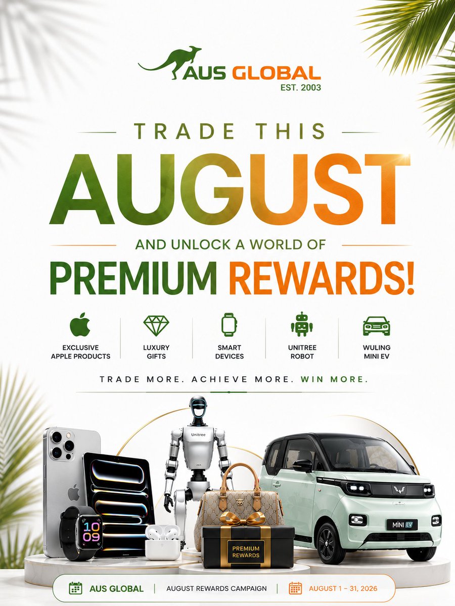 AusglobalMENA's tweet photo. 🎁 Big rewards are waiting this August!

Join the #AUSGLOBAL August Rewards Campaign for a chance to earn premium gifts, including iPhone 17 Pro Max, Apple Vision Pro, MacBook Pro &amp; more.

📅 Aug 1–31, 2026

#Trading #Forex #Rewards https://t.co/W0CM8DXeeW