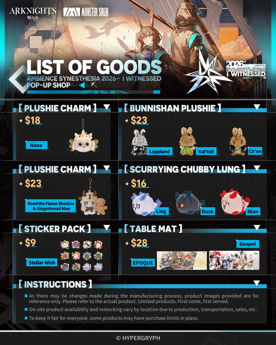 GLStore_EN's tweet photo. #Arknights AMBIENCE SYNESTHESIA 2026 POP-UP SHOP will arrive in the USA!

⌛️Aug. 14 - Aug. 28

📍[New York] Funcores
159 BOWERY, NEW YORK, NY 10002
📍[Los Angeles] Anime Station
330 E 2nd St A, Los Angeles, CA 90012

Check below images for all goods and shop details! https://t.co/1ydAmlk2KH