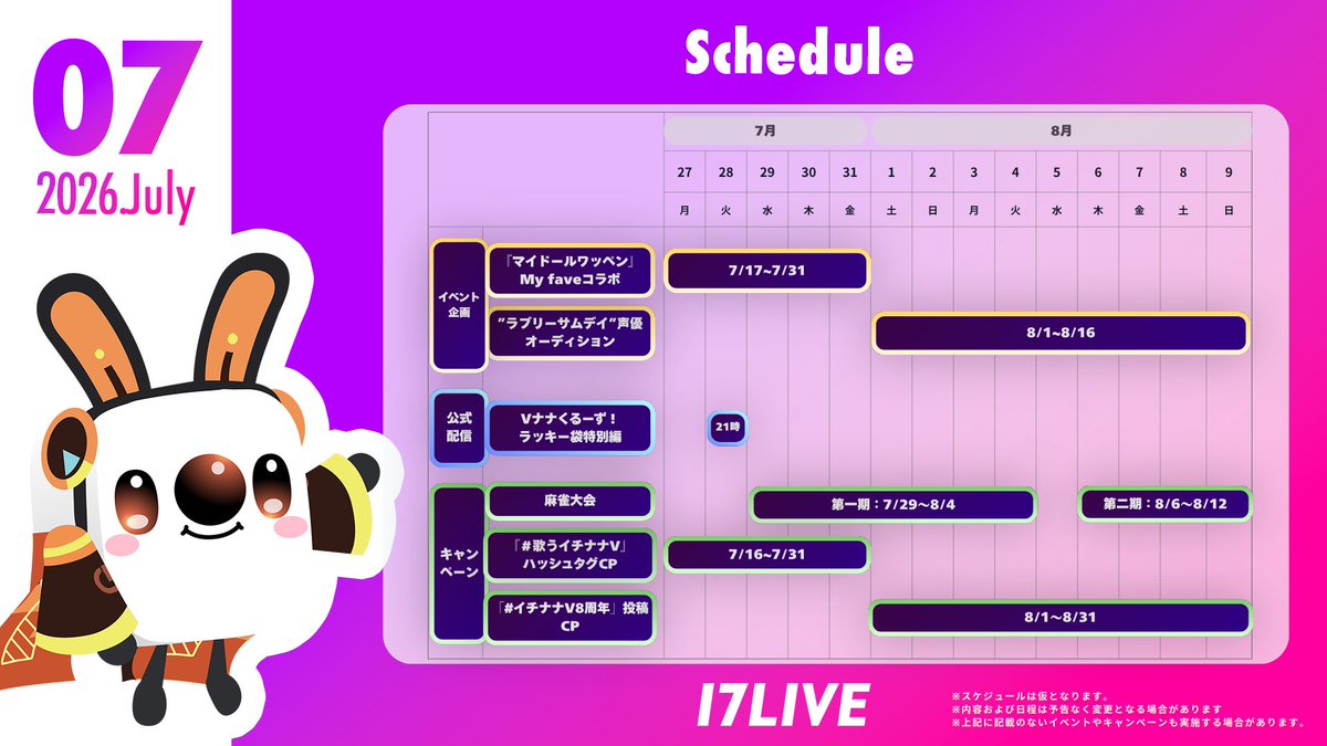 17LIVEJP_V's tweet photo. 📢  直近2週間スケジュール📢
イチナナVライバー関連の直近2週間スケジュールを更新しました✨️

◤イベント・企画◢

 🌟『 アナタだけのオリジナルワッペンを！『マイドールワッペン』My faveコラボ」』
📅7月17日（金）〜7月31日（金）
🔗詳細：詳細は、17LIVEアプリ内のイベントタブをチェック👀ˎˊ˗
https://t.co/yDbfDIYrWb

  🌟『 YouTubeコントアニメ”ラブリーサムデイ”声優オーディション🎙️』
📅8月1日（土） ~ 8月16日（日）
🔗詳細：詳細は、17LIVEアプリ内のイベントタブをチェック👀ˎˊ˗
https://t.co/yDbfDIYrWb

◤公式配信◢
★17LIVE【17LIVE_VLIVER公式】
https://t.co/THCv2cUTYn
 
 🌟『Vナナくるーず！　ラッキー袋』
📅7月28日（火） 21:00~
🔗詳細：https://t.co/CLrSNNGN1C

◤キャンペーン◢
🌟『みんなで麻雀大会〜ライバーもリスナーも！？〜』
📅
第1期間：7月29日（水）00:00 〜 8月4日（火）23:59
第2期間：8月6日（木）00:00 〜 8月12日（水）23:59
第3期間：8月14日（金）00:00 〜 8月20日（木）23:59
🔗詳細：https://t.co/lM2JFwFt9b

🌟『『＃歌うイチナナV』ハッシュタグキャンペーン』
📅7月16日（木）〜7月31日（金）
🔗詳細：https://t.co/wqsuUAJZ35

🌟『イチナナV 8周年記念✨️「#イチナナV8周年」投稿キャンペーン』
📅8月1日（土） ~ 8月31日（月）
🔗詳細：後日公開予定

※詳細については各イベントページ等でご確認ください

＃イチナナVライバー
