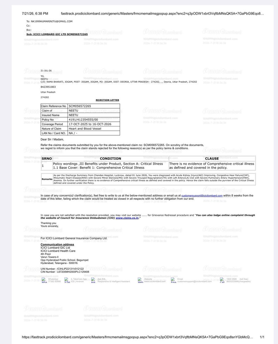 neetulv's tweet photo. Urgent! @ICICILombard denied critical claim for Neetu,27. Chandan Hospital Lucknow surgeon warns Sudden Death risk due to heart clot. Policy covers Valve repair/CHF but payout denied. IRDAI 07-26-031015 active. Save a life! @MantriSanjeev @IRDAIOfficial @PMOIndia https://t.co/XkfdWGmafP