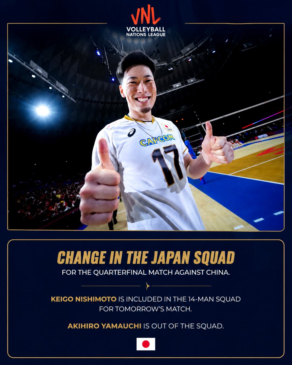 Jakub110Jakub's tweet photo. ❗️ Zmiana w kadrze reprezentacji Japonii na mecz ćwierćfinałowy z reprezentacją Chin. ✅️

Keigo Nishimoto w 14-stce na jutrzejsze spotkanie. Poza składem Akihiro Yamauchi. 

Dodatkowo, pojawiają się informacje o problemach zdrowotnych Yuki Ishikawy. Na obecną chwilę występ kapitana reprezentacji Japonii w jutrzejszym meczu z Chinami nie jest zagrożony. 🇯🇵

Foto: Volleyball World 
Grafika: własna 
#VNL2026