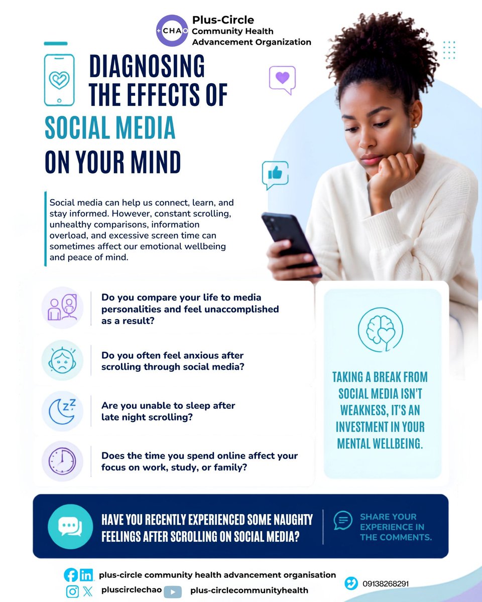 pluscirclechao's tweet photo. 📱 Social media connects us—but it can also affect our mental wellbeing.

Ask yourself: 

• Do you compare yourself to media personalities? 

• Do you feel anxious after scrolling? 

• Does scrolling affect your sleep or focus? https://t.co/dgOTMpuoZM