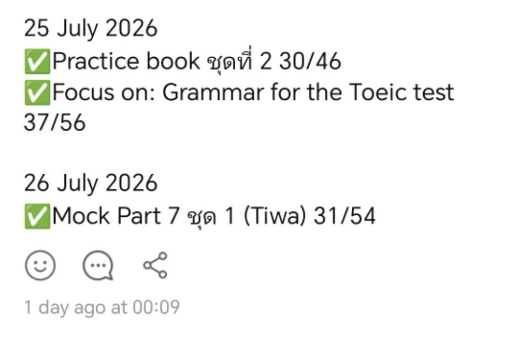 readandpaws's tweet photo. 📈 จริงๆ tracker ที่ใช้ติดตาม #TOEIC study plan ก็จดใส่ Note ง่ายๆ แบบนี้ก็ได้นะคะ อย่างน้อยเราได้รู้ว่าทำพาร์ทไหนไปแล้วบ้าง มีพาร์ทไหนที่ต้องเสริมอีกบ้าง 

📝 และสิ่งสำคัญที่ย้ำกับชาว OpenChat: ACE TOEIC บ่อยๆ เลยคือ การรีวิวข้อที่ผิดทุกครั้งก่อนมูฟออนไปทำพาร์ทต่อไป มันจะช้าในตอนแรก เพราะต้องทำความเข้าใจ ทีนี้พอทำในชุดต่อๆ ไปก็จะเร็วขึ้นและผิดน้อยลงด้วยค่ะ

📝 เตรียมตัวสอบหลายรอบ ไม่ใช่เรื่องสนุกเลย  😭 ทั้งค่าสอบ เวลาในการเตรียมตัว (โดยเฉพาะคนทำงานฟูลไทม์) ฝากแนวทางนี้ไปลองปรับใช้ดูค่ะ  เวลาเตรียมตัวน้อย 1-1½ เดือน ถ้าวางแผนเวลาในการอ่านหนังสือดีๆ ทำได้แน่นอนค่ะ ☺️

*ขออนุญาตรูปจากคุณเจ้าของแล้วนะคะ (ตอนคุณเจ้าของรูปส่งมาอัพเดทว่าทำอะไรไปแล้วบ้าง เรานี่ดีใจมากก 🥹)