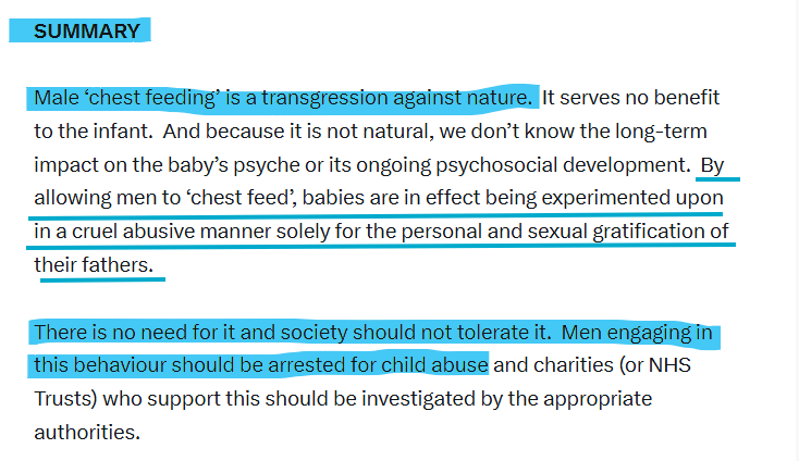 Psychgirl211's tweet photo. Oh my God!

I can scarcely comprehend this.

A Scottish charity, LGBT Health and Wellbeing, is getting money from the Scottish Government to give 'Queer Milk' to babies!

The chemical composition of the galactorrhea coming from the man's chest  is completely and utterly irrelevant.

This is child abuse, right out in the open right under our noses.

And it is being supported and encouraged by the Scottish government.

Here's what should happen:

At the next meeting of this utterly abhorrent, 'Queer Milk Group', police should attend and arrest every single man who shows up, for carrying out child sexual abuse.

And anyone involved in organising and enabling this disgusting, perverted, filthy practice, which I call 'Trans-Type Lactation Sexual Abuse' (TTLSA) should also be arrested.

And the babies should be immediately removed and taken to a place of safety.

Away from their fathers.

And away from their mothers.

How many times does this need to be said?

A man 'chestfeeding' a baby is sexually abusing  that baby.

It is paedophilia.

It is oral rape of the baby.

What is wrong with everyone?

Where is this going to end?!

I feel a red mist of pure rage and and hatred (yes, I said it, and I will not apologise), rising in me, for what these perverted transvestite men are doing to helpless little babies.

We have allowed the  utter foulness, degradation and debasement of gender ideology to infect every aspect of Western society.

And now, beyond all reasoning and comprehension, the Scottish government, under the guise of a corrupt, perverse and anti-human ideology,  is actually paying men to violate and sexually abuse babies!

I better stop writing now before I get myself into (more) trouble.

I'm already in line to lose my practicing license because my tweets apparently, "harm trans people"  

But  I cannot be silent in the face of this sweeping, malignant evil which has overtaken our society and which now has pulled tiny little babies into its wicked, degenerate and transgressive  wake.

I need to have a bloody lie-down with a cold towel over my head.

This is literally making  a migraine come on.

(For a full examination of this topic, see attached my article.)

@ChtyCommission  - For the love of God, do your bloody jobs and investigate this horror.