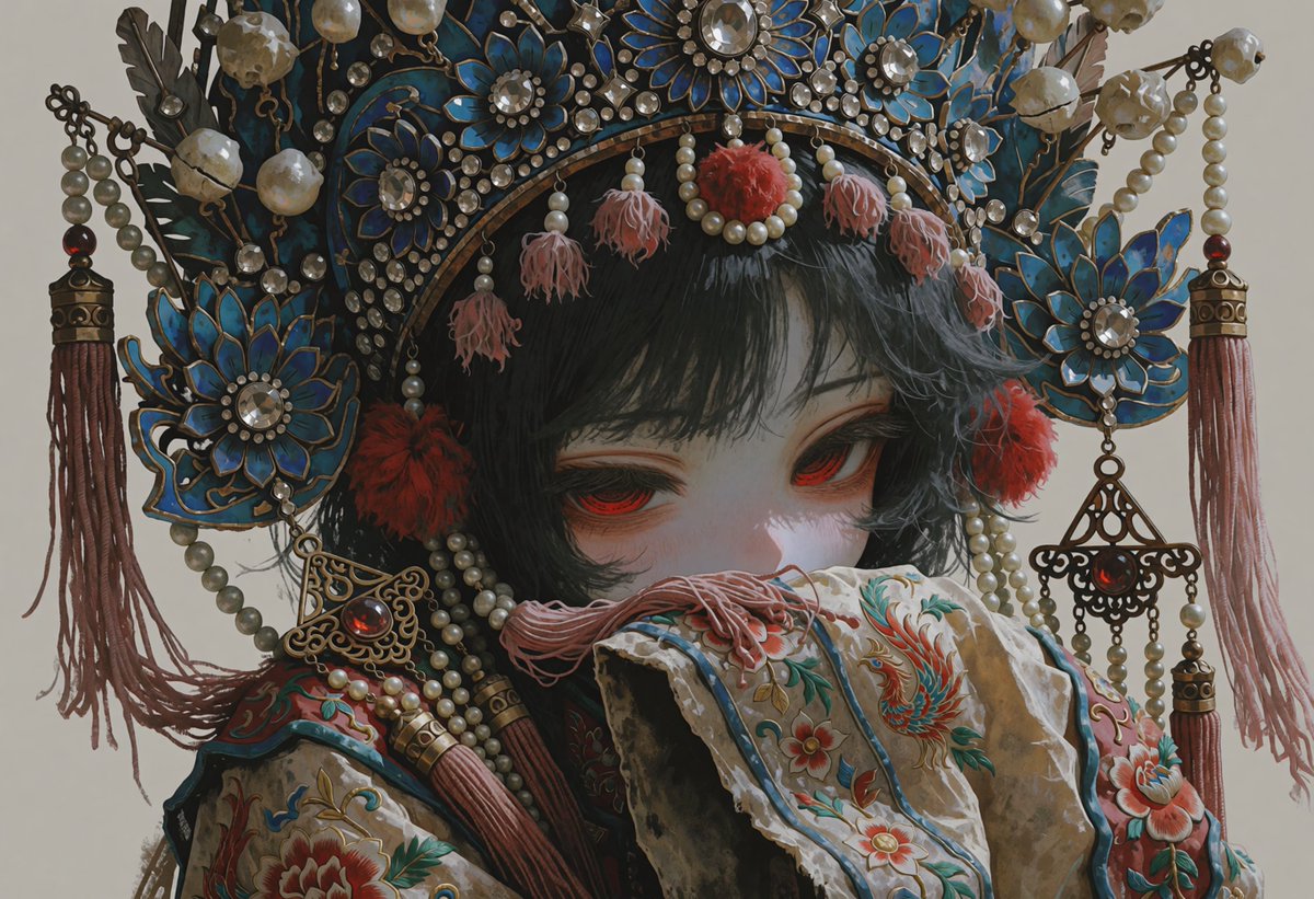 Thallo19070520's tweet photo. Wanted to try the texture of Diancui (dotting with kingfishers), those kingfisher blue opera ornaments. But proper hairpieces and stage makeup are deep waters I dared not wade into.
Please accept this as spontaneous cosplay.
#AIart #AIイラスト https://t.co/TmN64xkVSl