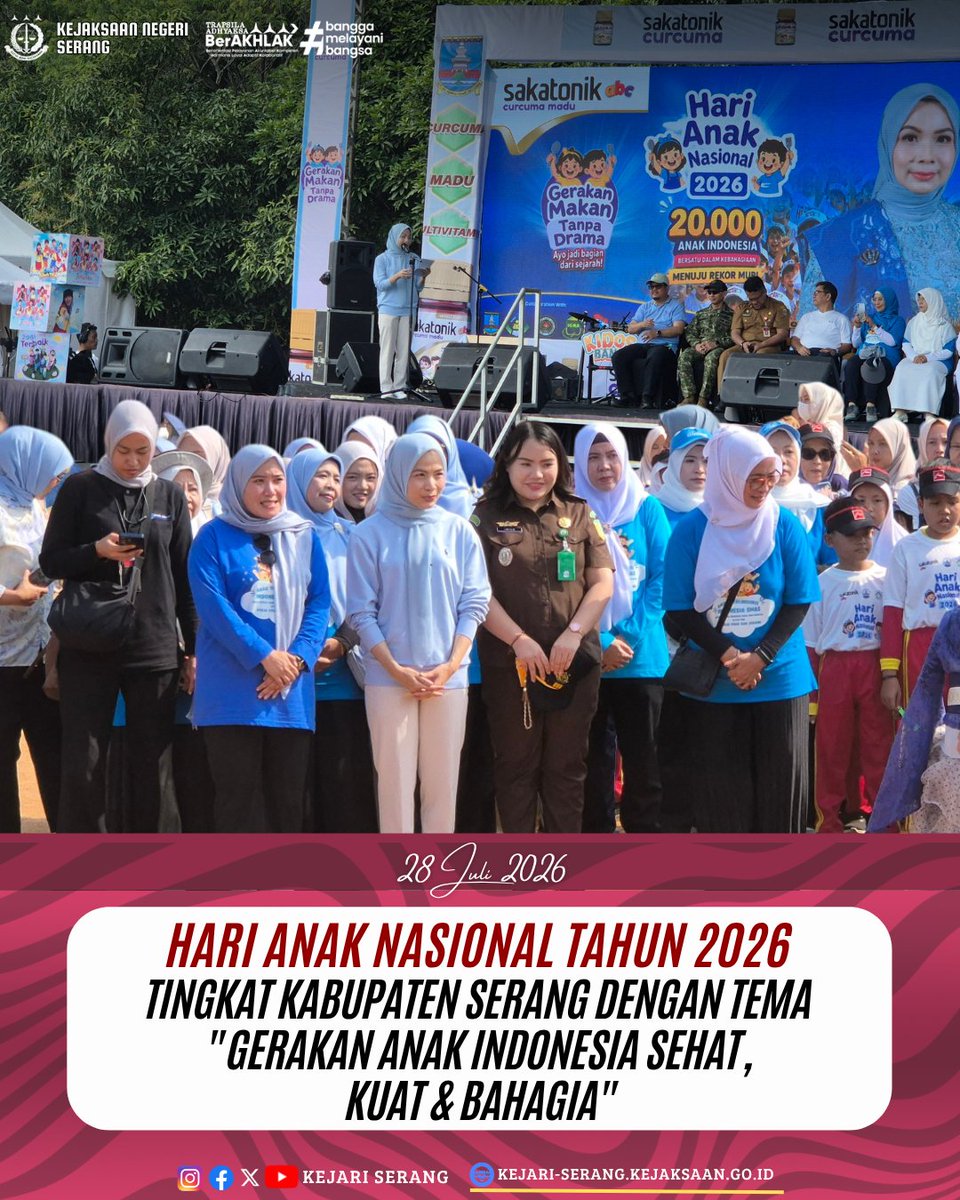 kejariserang's tweet photo. Selasa 28 Juli 2026,  Kasubsi II Intelijen Kejaksaan Negeri Serang Ibu Inten Kuspitasari S.H., M.H. menghadiri Kegiatan Hari Anak Nasional Tahun 2026 tingkat Kabupaten Serang dengan tema "Gerakan Anak Indonesia Sehat, Kuat &amp; Bahagia" bertempat di Lapangan Heroik Grup 1 Kopassus. https://t.co/0uUvzDEEYq