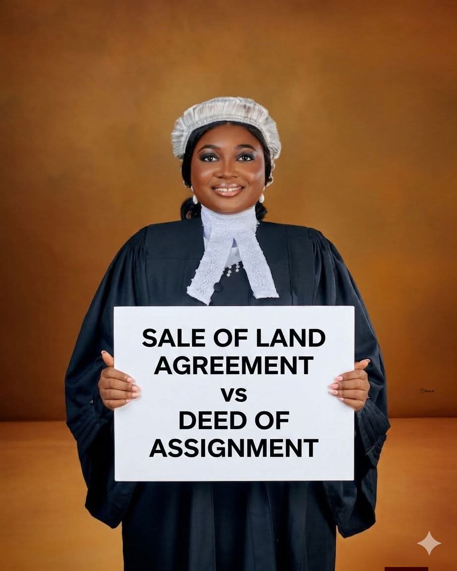 BSAT_Properties's tweet photo. SALE OF LAND AGREEMENT vs DEED OF ASSIGNMENT

Before you celebrate buying land, make sure you know what document you actually have.

Because not every document means you automatically owns the land.

SALE OF LAND AGREEMENT (CONTRACT OF SALE OF LAND)
This is a preliminary document that defines the transaction between the seller(vendor) and buyer(purchaser) before the final transfer of title.

It contains the terms, conditions, parties, and description of the land.

It shows that both parties intend to buy and sell.

Ideally, it does not transfer legal ownership of the land/property.

DEED OF ASSIGNMENT
This is the document that transfers ownership of the land.

It shows that the seller(Assignor) has transferred their interest in the land to the buyer(Assignee).

While the Sale of Land Agreement is the initial document, the Deed of Assignment is the final document.

For maximum legal protection, it should be signed, stamped, and registered.

🥢 Sale of Land Agreement = Intention to sell

🥢 Deed of Assignment = Transfer of ownership

Do not confuse agreement with ownership.

Always secure your interest the right way.

N.B: This is for educational purposes only and does not constitute legal advice. Always engage the services of a lawyer before making payment for land to avoid future disputes.

Stay informed.
Stay protected.
Stay Legally Wise.

IGNORANTIA JURIS NON EXCUSAT.

©Naomi Umeje Esq.