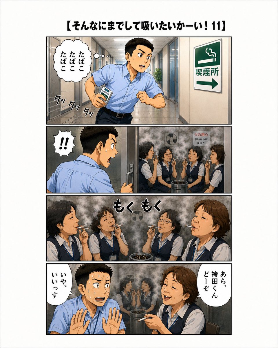 osam314's tweet photo. ある日の会社の喫煙所、ビ��クリしましたわ。あんな狭いところでなんやねん‼　
#サラリーマンパロディー　　　　　　　　 　　　　　　　　　　  
#4コマ漫画 https://t.co/fuvztXFWdb