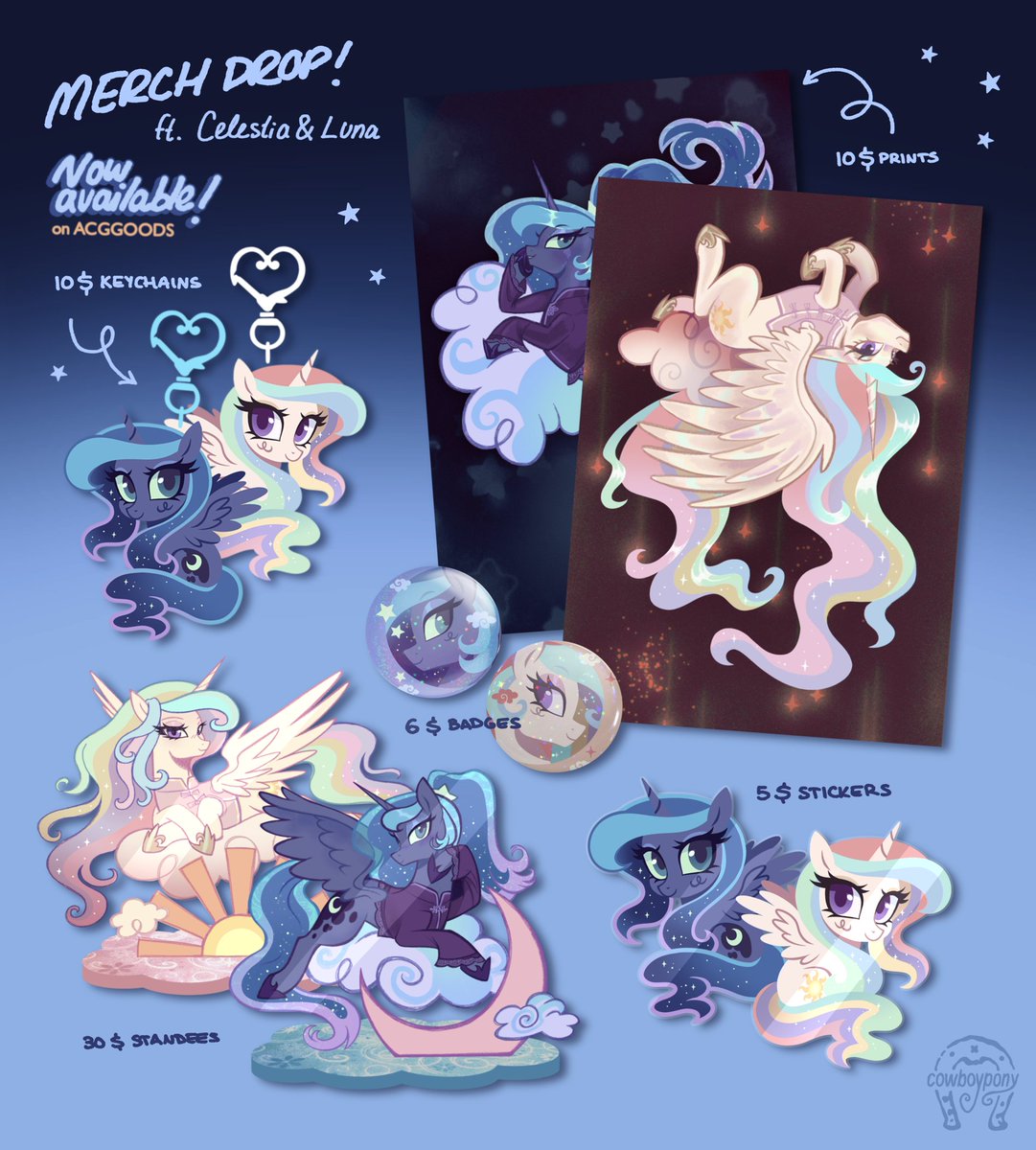 cowboypony's tweet photo. ☁️✨ BIG MERCH DROP!

I'm so happy to finally release this merch drop, featuring Luna &amp; Celestia! More details in the comments

📦You'll find prints, keychains, stickers, standees, and more!
↓
| https://t.co/qwNn9iBsSp | #mlp
#mlptwt #mlpart #luna #princessluna #celestia https://t.co/Ip8G5JMeCq