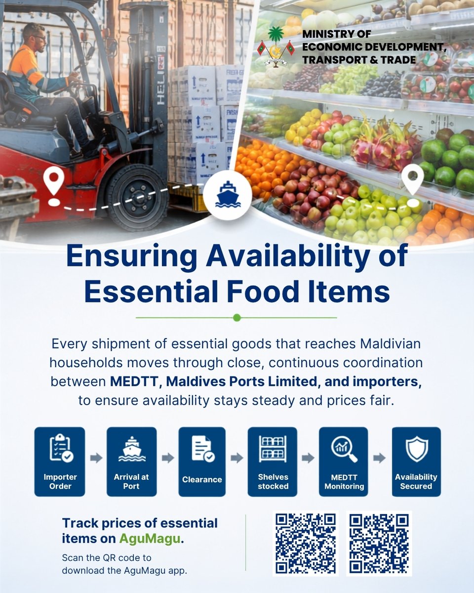 MoEDmv's tweet photo. Keeping essential food items on shelves takes coordinated action. MEDTT works closely with Maldives Ports Limited and importers to help ensure a steady supply and fair prices across the Maldives.

Track prices anytime with the #AguMagu app.

Download today:

🔗https://t.co/RSHpXyXGiT

🔗 https://t.co/KR3wCg1hql
