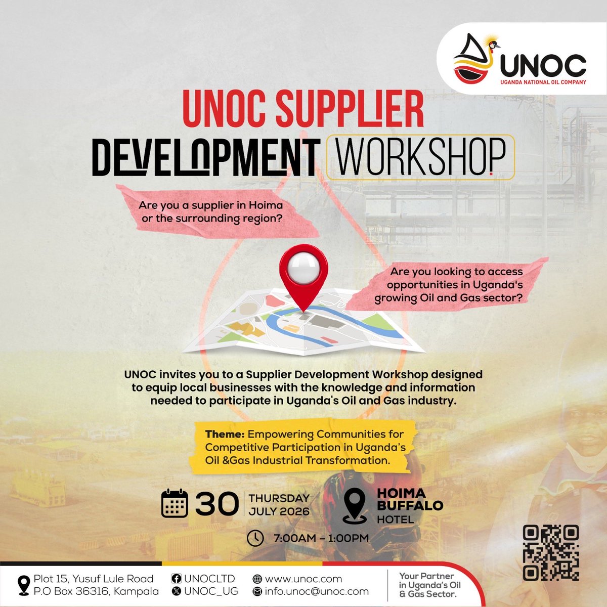 UNOC_UG's tweet photo. The oil and gas industry is creating opportunities. Is your business ready?

Join us for the UNOC Supplier Development Workshop to understand procurement processes and learn what it takes to become a competitive supplier.

We look forward to welcoming you on Thursday, 30 July 2026, at Hoima Buffalo Hotel.