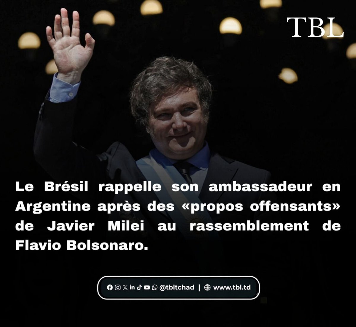 tbl_tchad's tweet photo. 𝗜𝗡𝗧𝗘𝗥𝗡𝗔𝗧𝗜𝗢𝗡𝗔𝗟𝗘 | Référence d'une droite en pleine ascension en Amérique latine, le président argentin avait mis en garde contre «le risque Lula» dans un discours enflammé. https://t.co/z1efHF1Jri