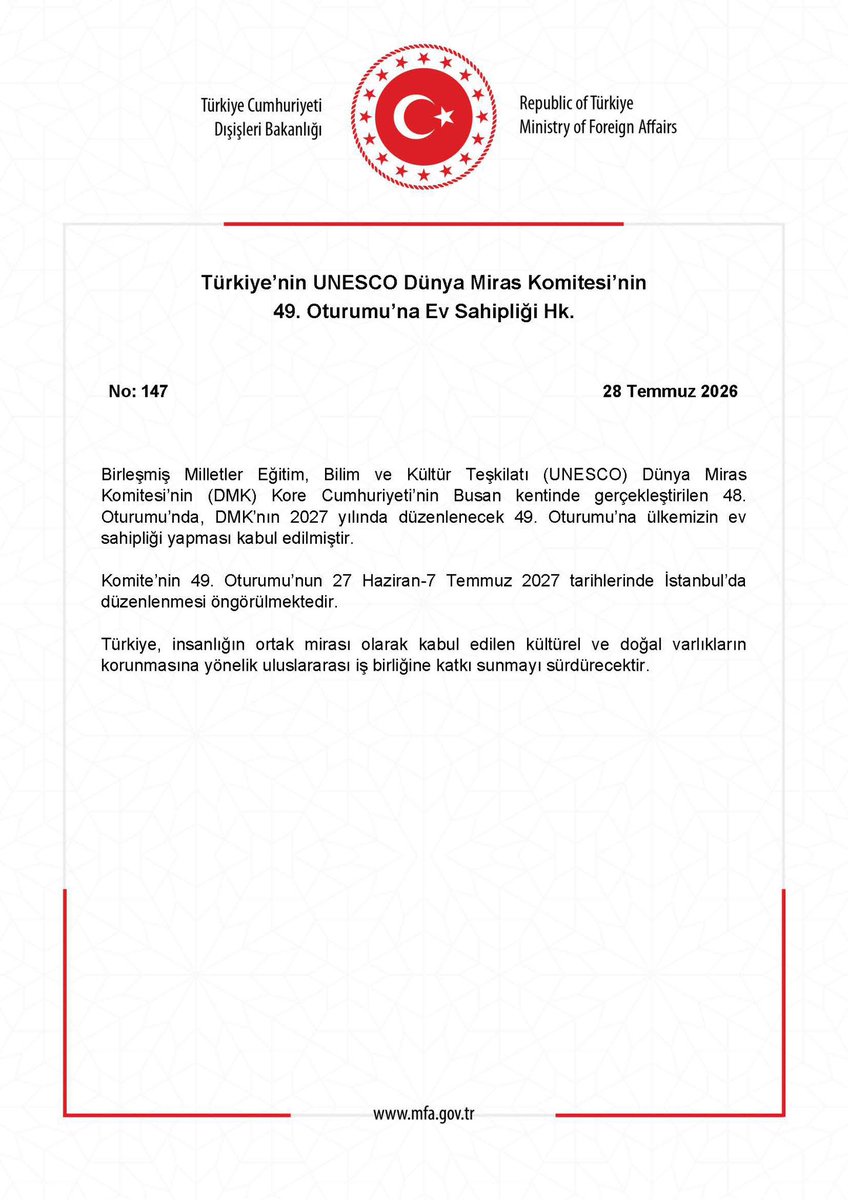 TC_Disisleri's tweet photo. Türkiye’nin UNESCO Dünya Miras Komitesi’nin 49. Oturumu’na Ev Sahipliği Hk. https://t.co/f7xSk50dy4 https://t.co/8wV1ZZA17M