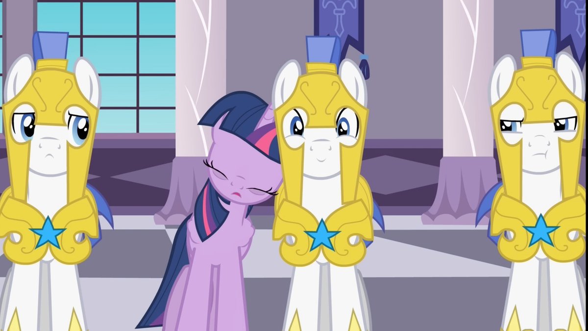 whooves_sparkle's tweet photo. The first guard wanted to be in the second guard's place, next to Princess Twilight, while the third guard didn't like that Twilight leaned on his boyfriend https://t.co/Gm4Vqb179N