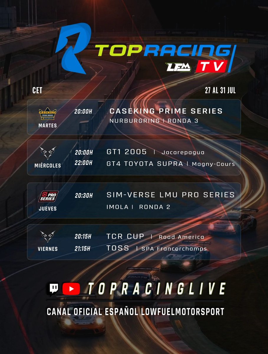 TopRacingLive's tweet photo. ⚡ ¡Cierra la trazada y aguanta la respiración! ⏱️ Cuando los centímetros marcan la diferencia entre la gloria y el muro, el cerebro y los reflejos mandan en pista. ¡No parpadees ni un segundo! 🏎️💨

👉 https://t.co/cX5BOquQPz
📺 https://t.co/rpd0SHfo5S

#TopRacing #LFM #S23 #Simracing #LMU #ACC #AMS2 @LowFuelMotorsport