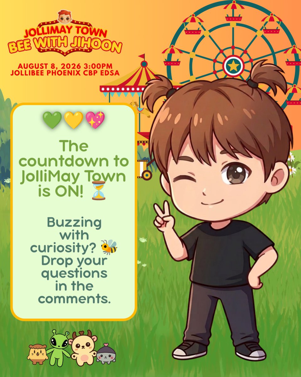 withphmays's tweet photo. 📢 𝗧𝗵𝗲 𝗰𝗼𝘂𝗻𝘁𝗱𝗼𝘄𝗻 𝗶𝘀 𝗼𝗳𝗳𝗶𝗰𝗶𝗮𝗹𝗹𝘆 𝗢𝗡! ⏳✨

Every day brings us one step closer to JolliMay Town: Bee with Jihoon, and we can’t wait to spend an afternoon filled with laughter, games, surprises, and unforgettable memories with our fellow MAYs! 🎪🐝💛

Buzzing with curiosity? 👀 Whether it’s about the venue, registration, event kit, activities, or anything else, we’re here to help! No question is too small—we’d love to hear from you. 💬✨

🎡 𝗧𝗵𝗲 𝘄𝗮𝗶𝘁 𝗶𝘀 𝗮𝗹𝗺𝗼𝘀𝘁 𝗼𝘃𝗲𝗿! As we count down the days, get ready for even more exciting reveals and surprises buzzing your way. See you soon at the happiest carnival in town! 🐝🎠

💬 Drop your questions in the comments below, and we’ll do our best to answer them!

#BeeWithJihoon #JOLLIMAYTown #ParkJihoon #MAY