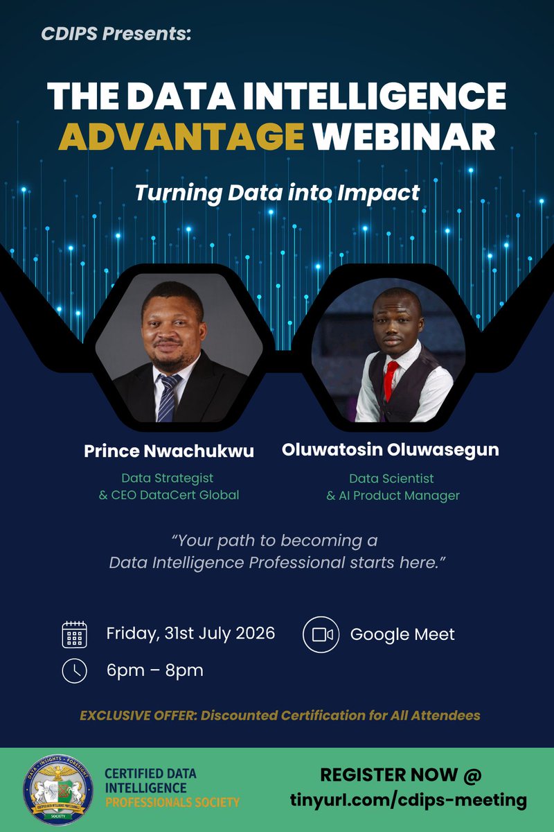 tosindorigin's tweet photo. AI is only as powerful as the data behind it.

Data → Intelligence → Decisions → Impact.

Join me and Prince Nwachukwu, CEO of DataCert Global, as we explore “The Data Intelligence Advantage: Turning Data into Impact” at the next CDIPS webinar

 https://t.co/tkuT2ZBnMg https://t.co/9soyQ0FiQY