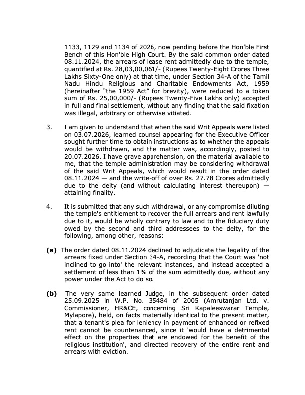 trramesh's tweet photo. The Commissioner of the @tnhrcedept and the Secretary to Religious Endowments Department have planned to forego Rs. 28.00 + Crores of Rupees due to Sri Arunachaleswarar Temple, Tiruvannamalai by withdrawing Writ Appeals that have filed before the Hon'ble Division Bench of Madras High Court.  

This is Criminal Breach of Trust by these IAS officials and non-set Executive Officer betraying the interest and welfare of the  temple  which is under their dominion.  (see Section 316(5) of the BNS read with Section 61 of BNS)

   Today I have issued legal notice to the Commissioner, Government Secretary and the Executive Officer of Sri Arunachaleswarar Temple, Tiruvannamalai who is functioning by FRAUD  in the temple -  asking them not to withdraw the Writ Appeals filed  and now pending against the order dated 08.11.2024 issued by a Learned Single Judge  - -   who said that it is enough for the Petitioner Avvai Home to pay Rs. 25.00 lakhs instead of Rs. 28.00 Crores to the temple. 

   HR&CE Minister Shri @RameshOffcl should immediately cause an enquiry and stop this atrocious move.  If the concerned IAS officers are found to have taken steps to forego Rs.28.00 Crores of Temple money appropriate Criminal action should be taken against them for Breach of Trust.   

TVK Government should not support this BETRAYAL OF TEMPLE!