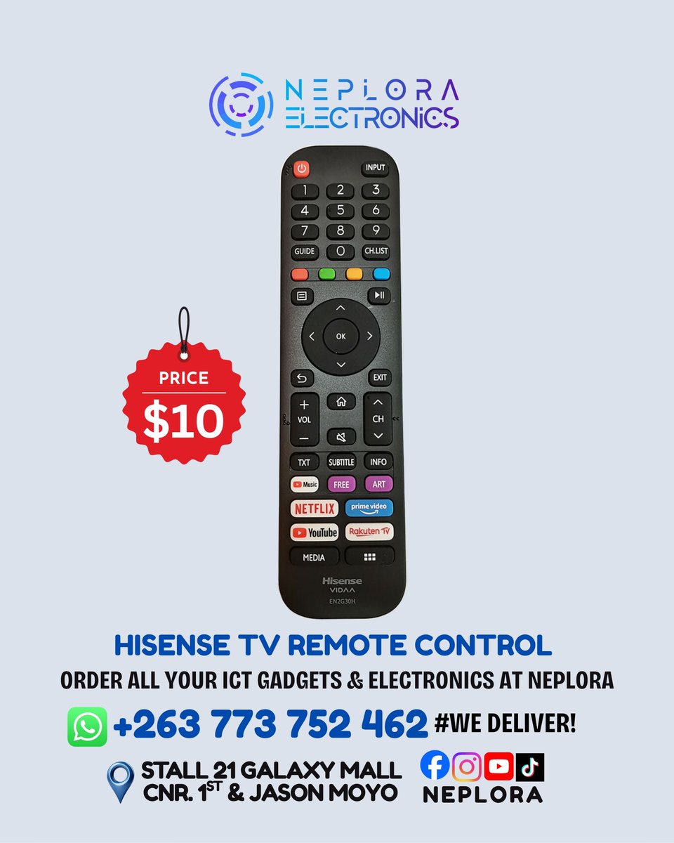 neplora's tweet photo. 📺🎮✨ Hisense TV Remote Control in Harare, Zimbabwe available at Neplora. Call/WhatsApp📲: +263 773 752 462 to order. #WeDeliver!
📍 We are located in Harare CBD
Visit Stall 21 Galaxy Mall Ground Floor
Corner First Street, and Jason Moyo Ave https://t.co/oYRXw7tJ9D