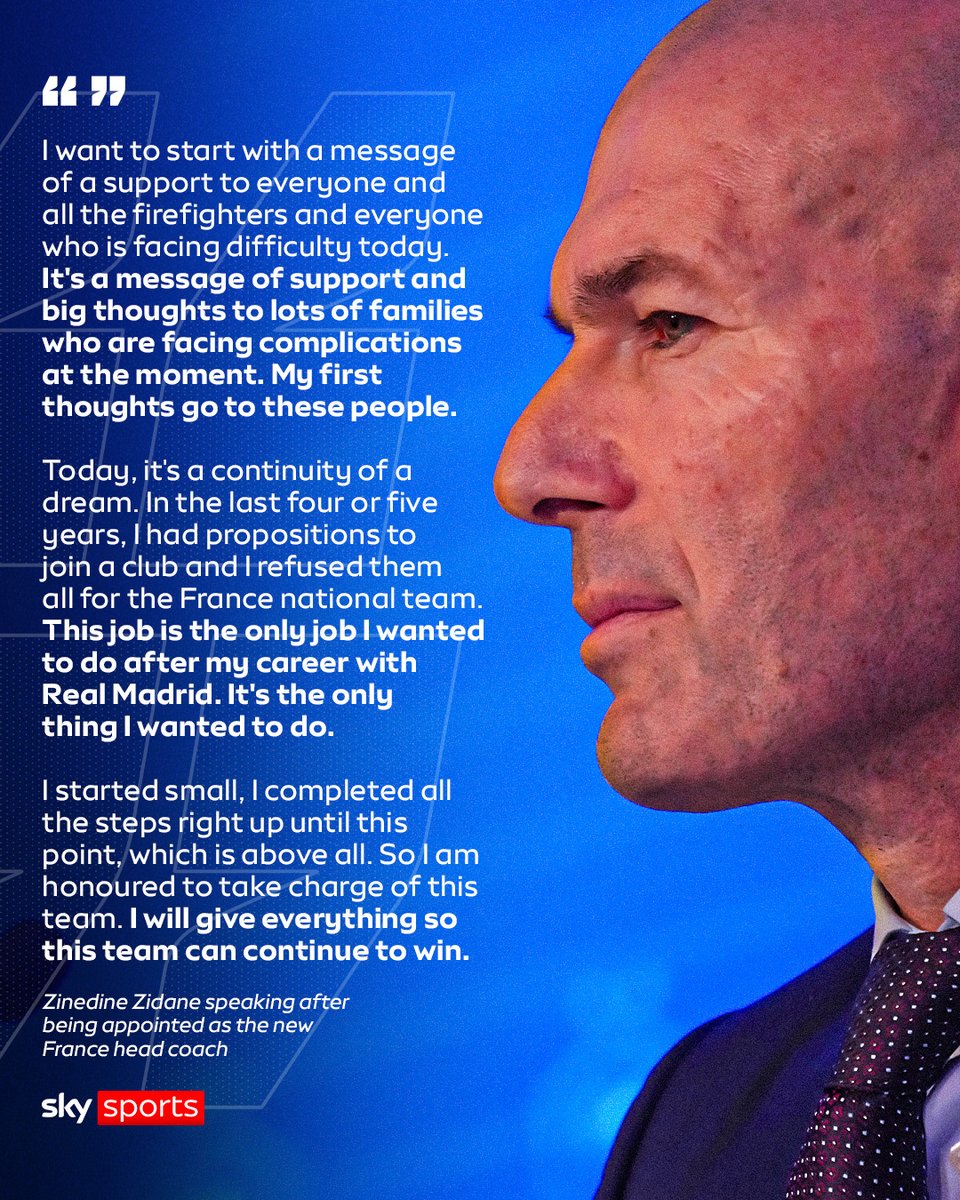 SkyFootball's tweet photo. New France head coach Zinedine Zidane started his press conference with a message of support after wildfires in Bordeaux 🙏 https://t.co/SMNpbe49jx