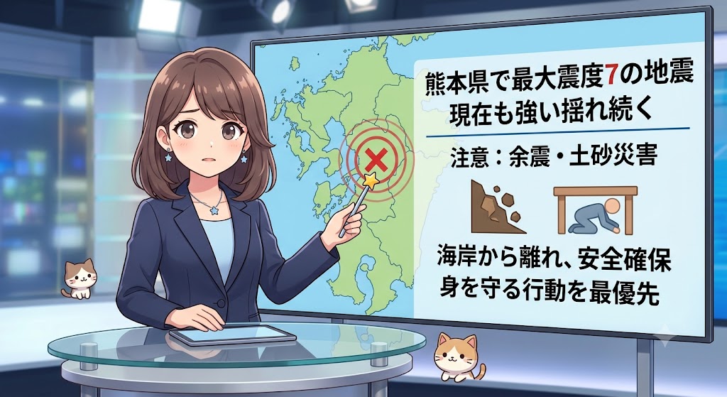 Kemu_max's tweet photo. 熊本県にて最大震度7の強い地震が発生しました。現在も強い揺れが断続的に続いています。⚠️

揺れの大きかった地域の方は、余震や土砂災害、道路の崩落等に十分ご注意ください。
津波の心配はないようですが、念のため海岸から離れ、安全確保を最優先に行動してください。
🚨 #熊本 #地震 #防災 https://t.co/Q6n35egk2O