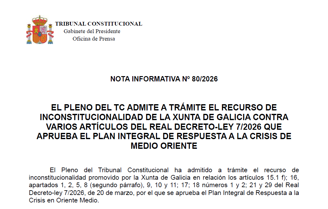 TConstitucionE's tweet photo. Nota de prensa | El Pleno del TC admite a trámite del recurso de inconstitucionalidad interpuesto por la Xunta de Galicia contra varios artículos del Real Decreto-Ley 7/2026, que aprueba el Plan Integral de Respuesta a la Crisis de Medio Oriente https://t.co/kzZPKHqMbf https://t.co/DtxKbPK6f5