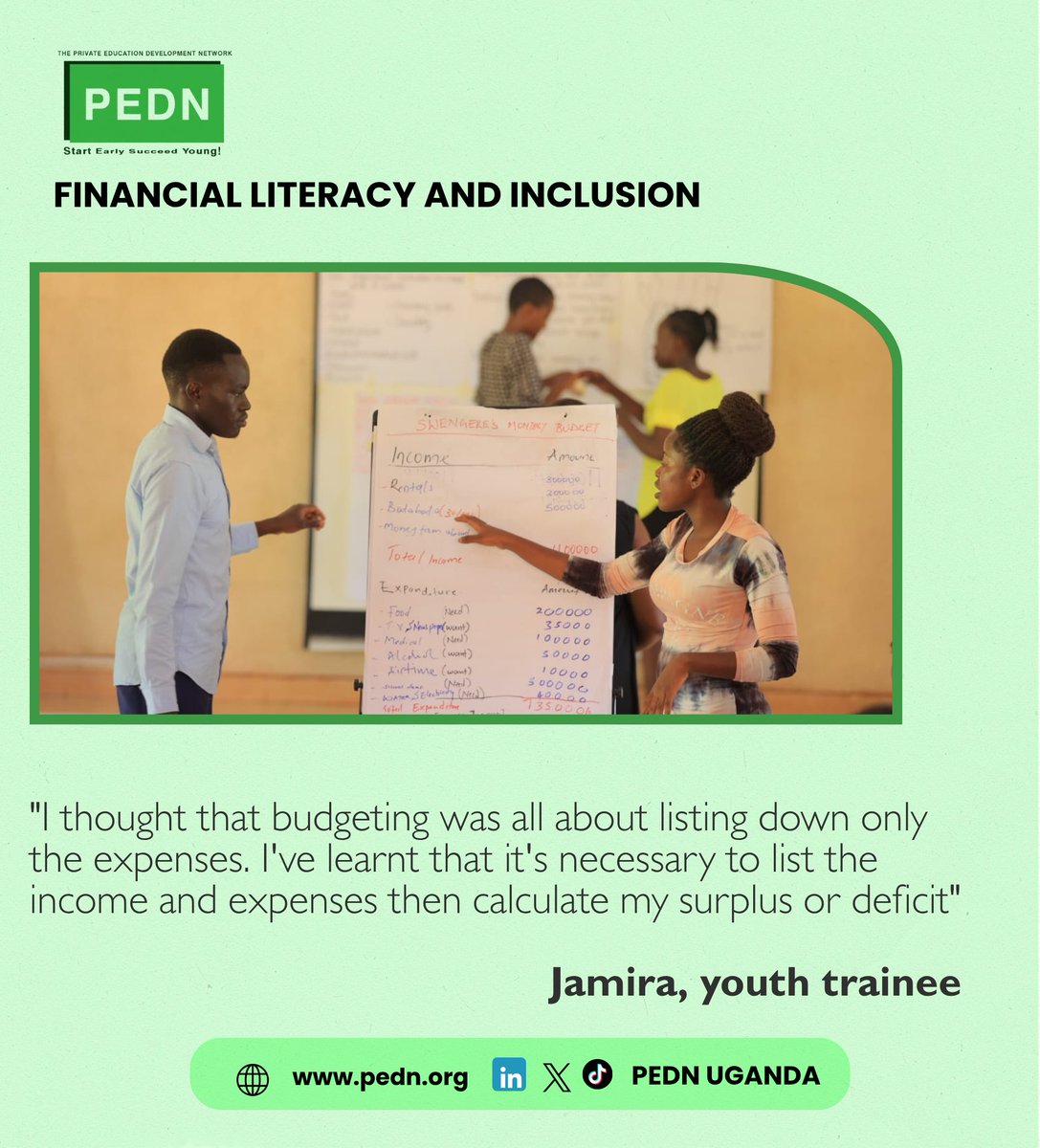 PEDN_ug's tweet photo. Budgeting is about the full picture! 📊
 Jamira, one of our youth trainees, learned that tracking both income and expenses is key to finding your surplus or deficit.

Empowering the next generation with financial literacy.

#FinancialLiteracy #PEDN https://t.co/jbF03wx5bz