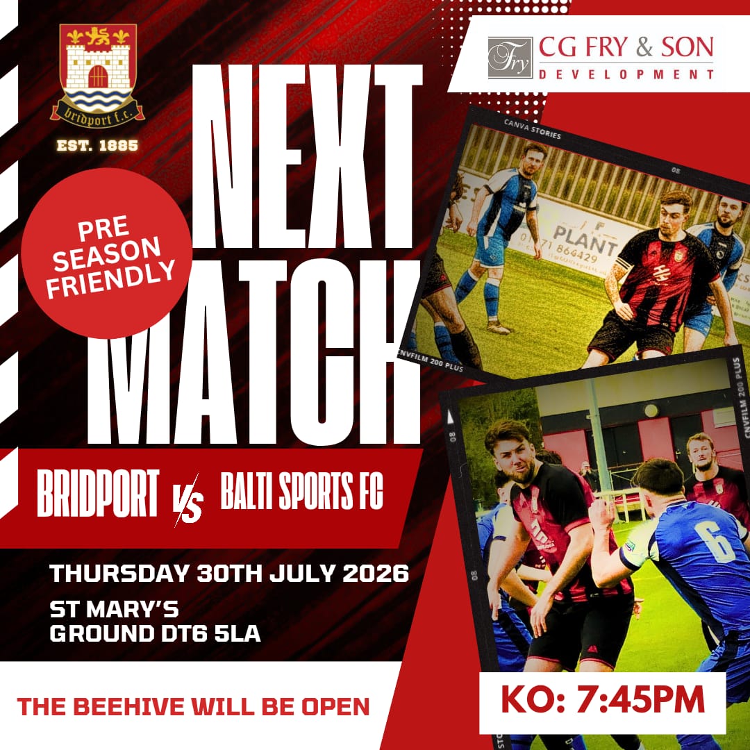 Bridportfc's tweet photo. We have another pre season this Thursday at home vs Balti Sports FC

Thursday 30th July
Kick off 7:45pm
Beehive Open from 6:45pm
Entry £3 for all
50/50 Draw will be held

Please be aware that the bridge next to Palmers Brewery on Skilling Road is closed due to roadworks. We recommend approaching the club from the west side of town via Broad Lane to access the club car park.
With the weather looking lovely, if you're local, why not leave the car at home and enjoy a walk to the club instead? See less