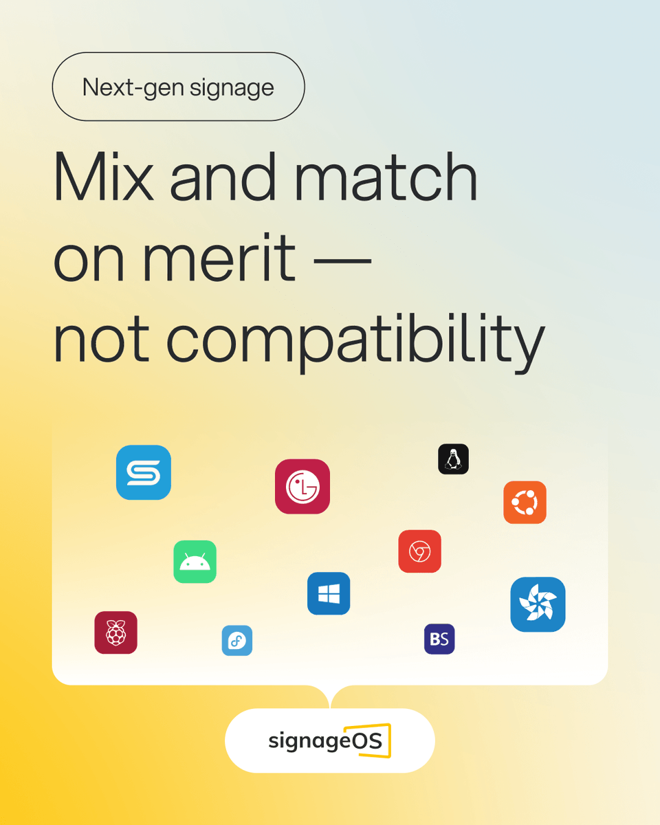 signageOS's tweet photo. Your next-gen signage stack doesn't have to be all one thing. 🏗️

Samsung, LG, Android, Linux... Mix and match on merit — not compatibility. When suppliers know you can switch, every negotiation changes. 🔓

Talk to our onboarding experts: https://t.co/xWg2okbDwT https://t.co/8oZLnnnX1R