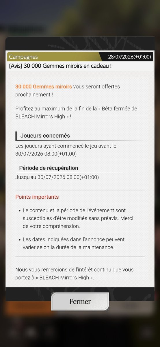 BleachMHFrance's tweet photo. Pour la fin de cette bêta, les développeurs nous offrent 30 000 gemmes. Selon les informations d’un très bon ami, elles seront disponibles le 29. https://t.co/vGbkcFOOr5