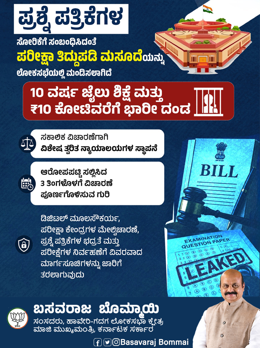 BSBommai's tweet photo. ಪರೀಕ್ಷಾ ತಿದ್ದುಪಡಿ ಮಸೂದೆಯನ್ನು ಲೋಕಸಭೆಯಲ್ಲಿ ಮಂಡಿಸಲಾಗಿದೆ. ವಂಚಕರಿಗೆ ಆಗಲಿದೆ ಕಠಿಣ ಶಿಕ್ಷೆ !⚖️ 

✅ 10 ವರ್ಷಗಳವರೆಗೆ ಜೈಲು ಶಿಕ್ಷೆ ಮತ್ತು ₹10 ಕೋಟಿವರೆಗೆ ದಂಡ  
✅ಆರೋಪಪಟ್ಟಿ ಸಲ್ಲಿಸಿದ 3 ತಿಂಗಳೊಳಗೆ ವಿಚಾರಣೆ ಪೂರ್ಣಗೊಳಿಸುವ ಗುರಿ 
✅ ಪರೀಕ್ಷಾ ಕೇಂದ್ರಗಳು ಮತ್ತು ಡಿಜಿಟಲ್ ವ್ಯವಸ್ಥೆಗಳ ಮೇಲೆ ಸೂಕ್ಷ್ಮ ಕಣ್ಗಾವಲು

ಕಷ್ಟಪಟ್ಟು ಪರೀಕ್ಷೆ ಬರೆಯುವ ವಿದ್ಯಾರ್ಥಿಗಳ  ಹಿತಾಸಕ್ತಿ ರಕ್ಷಣೆಗೆ ಬದ್ಧವಾಗಿದೆ ಮೋದಿ ಸರ್ಕಾರ ! 💪