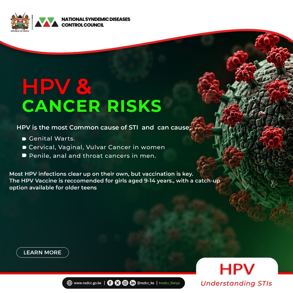nsdcc_kenya's tweet photo. HPV &amp; CANCER RISKS
HPV is the most Common cause of STI and can cause:
👉🏿Genital Warts.
👉🏿Cervical, Vaginal, Vulvar Cancer in women
👉🏿Penile, anal and throat cancers in men.
Most HPV infections clear up on their own, but vaccination is key. https://t.co/bRL4R41L7p