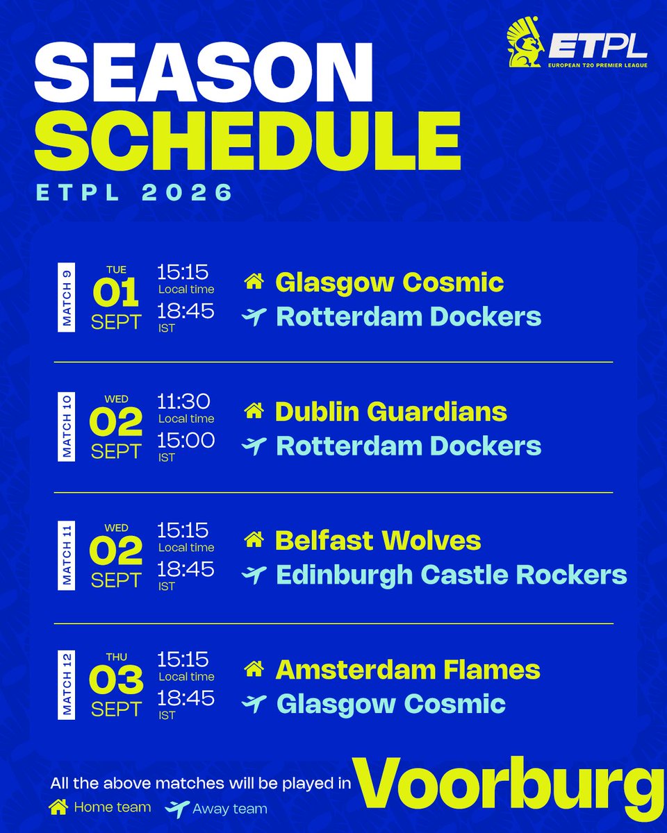 etplofficial's tweet photo. The stage is set! The fixtures are locked 🏏🔥

The full schedule for the inaugural ETPL season is here!

European cricket enters a new era on August 26, featuring world-class stars, local talent, and blockbuster clashes.

#ETPL https://t.co/lo8sq64AKU