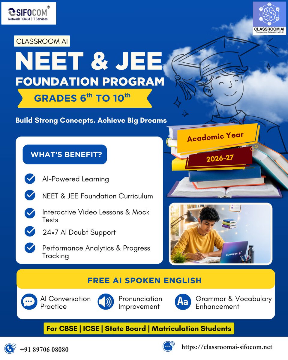 sifocom71944's tweet photo. 🌐𝗰𝗹𝗮𝘀𝘀𝗿𝗼𝗼𝗺𝗮𝗶-𝘀𝗶𝗳𝗼𝗰𝗼𝗺.𝗻𝗲𝘁
#NEETFoundation #JEEFoundation #FoundationProgram #NEET2028 #JEE2028 #FutureDoctors #FutureEngineers #CBSEStudents #ClassroomAI #ICSEStudents #StateBoardStudents #Grades6To10 #AIPoweredLearning #SmartLearning #SIFOCOM https://t.co/d2qmmyiL5q