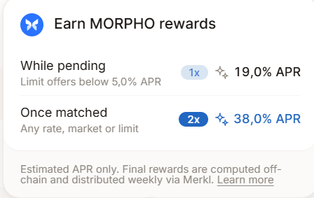 EthanDeFi_'s tweet photo. I'm diluting myself by sharing this, but Tenor's incentive program is underrated. 

• $4k-$8k in weekly $MORPHO rewards 
• up to 38% APY for USDC lenders
• Tenor has been audited 7 times in total and is built on top of Morpho Midnight 

There are two ways to earn rewards on Tenor: 

• Place USDC lending limit orders at a fixed lending rate against blue-chip collateral like WETH and cbBTC

Tenor is a money market built for borrowing at fixed rates on-chain (on top of Morpho Midnight).

The APR for having a lending limit order active on it is between ~17.8% and ~19.1% in MORPHO token rewards. 

But what's also interesting is that while you wait for your limit order to get filled, you can choose to lend your capital to Morpho Blue for a variable rate. 

This will earn you an extra 3-4% APY. 

In total, you get 20-23% APY by placing a USDC lending order that doesn't get filled. 

• Lend your USDC at a fixed lending rate that gets matched with a borrowing offer

The APR for having a matched lending order is 2 times higher: between 35.7% APR and 38.2% APR 

And you lend against the same tier-1 collateral: cbBTC or WETH

The tricky part about this is that as other people are also trying to farm Tenor's MORPHO lending rewards, there are often no borrowing offers available that you can fill with the USDC you lend.

But if you place a lending limit order at a very low lending rate, you may get lucky and your lending order may be matched. 

If that happens, you'll get the 35%+ APR in MORPHO rewards I mentioned above. 

That said, this APR is not fixed. 

Tenor is distributing between 2k and 4k MORPHO token rewards (each MORPHO token is worth $1.97 atm) per week. 

As more people start using it, the yields will obviously go down. 

However, given that Tenor has already been live for a week and the rewards are still so high, I consider farming it a pretty good opportunity.