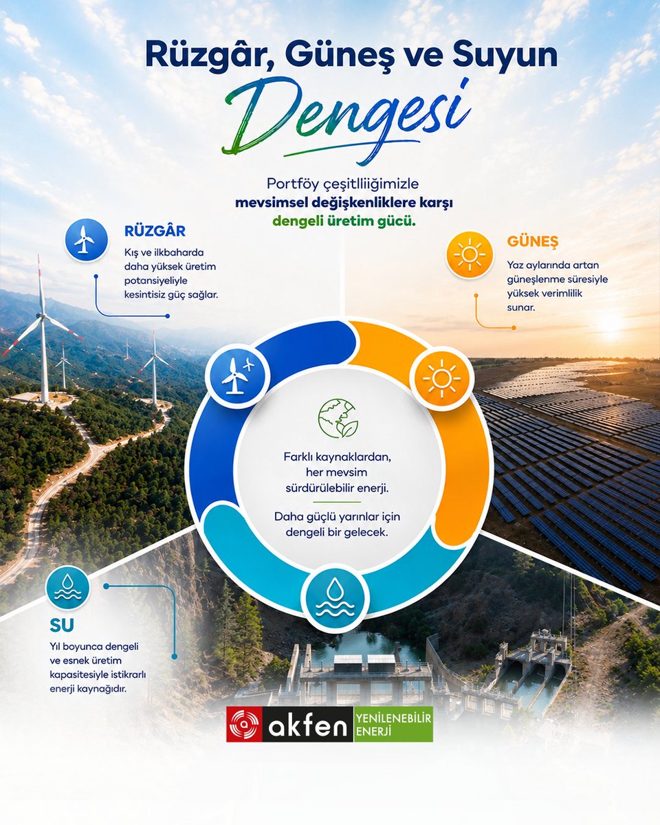 AkfenREN's tweet photo. Rüzgâr, güneş ve suyun dengesiyle sürdürülebilir enerji üretiyoruz.

Akfen Yenilenebilir Enerji olarak farklı kaynaklardan oluşan portföyümüzle mevsimsel değişkenliklere karşı dengeli üretim gücü sağlıyor, geleceğe temiz enerjiyle değer katıyoruz. https://t.co/7BlyVPx8o7