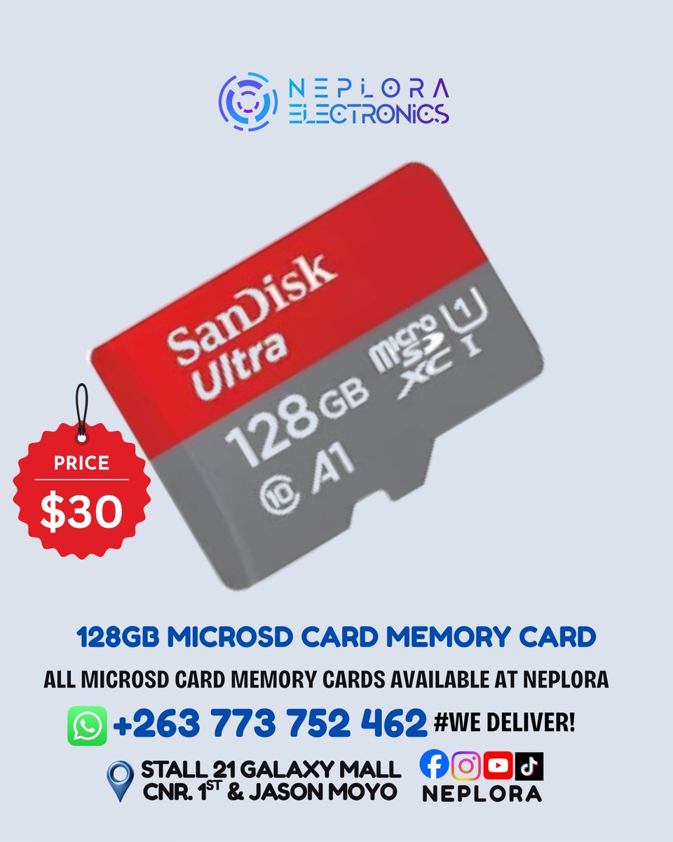 neplora's tweet photo. 💾📱⚡ 128GB MicroSD Memory Card in Harare, Zimbabwe available at Neplora. Call/WhatsApp📲: +263 773 752 462 to order. #WeDeliver!
📍 We are located in Harare CBD
Visit Stall 21 Galaxy Mall Ground Floor
Corner First Street, and Jason Moyo Ave https://t.co/zAwkwrPut2