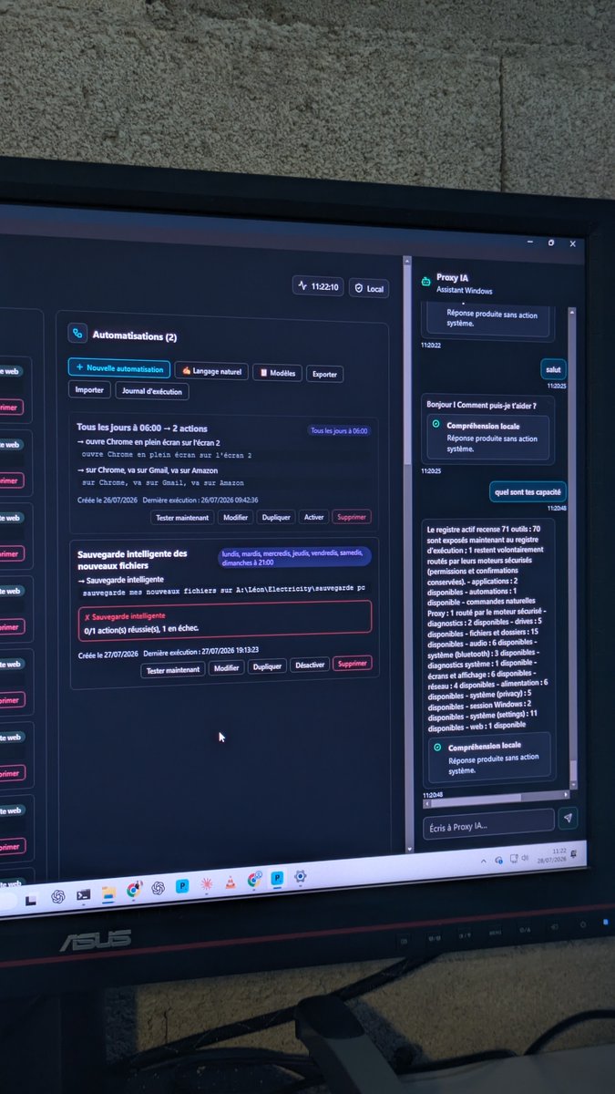 proxy_ia's tweet photo. Aujourd’hui, je travaille sur la correction et l’amélioration des automatisations intelligentes de Proxy.

Mon objectif est de rendre leur fonctionnement plus fiable, plus précis et surtout plus utile au quotidien. Je corrige les derniers problèmes liés à leur exécution, à leur compréhension et à leur stabilité, afin que chaque automatisation puisse se lancer correctement et accomplir exactement ce qui lui est demandé.

Je veux que Proxy ne se contente pas de proposer des automatisations, mais qu’il soit réellement capable de les comprendre, de les gérer et de les exécuter de manière intelligente, sans erreurs inutiles.

Cette étape est importante pour rendre le logiciel plus complet, plus autonome et plus proche de la vision que j’ai depuis le début.

Chaque correction rapproche Proxy d’un fonctionnement 100 % opérationnel.

— Léon Pasquier,