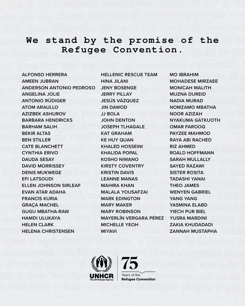 UNHCRPakistan's tweet photo. 75 years ago, the world made a promise to protect people forced to flee war, violence &amp; persecution.

Today, 75 global voices including @TheMahiraKhan stand in solidarity with that commitment. They have joined a growing coalition reaffirming The Promise of the Refugee Convention. https://t.co/zaxwYAzJwj