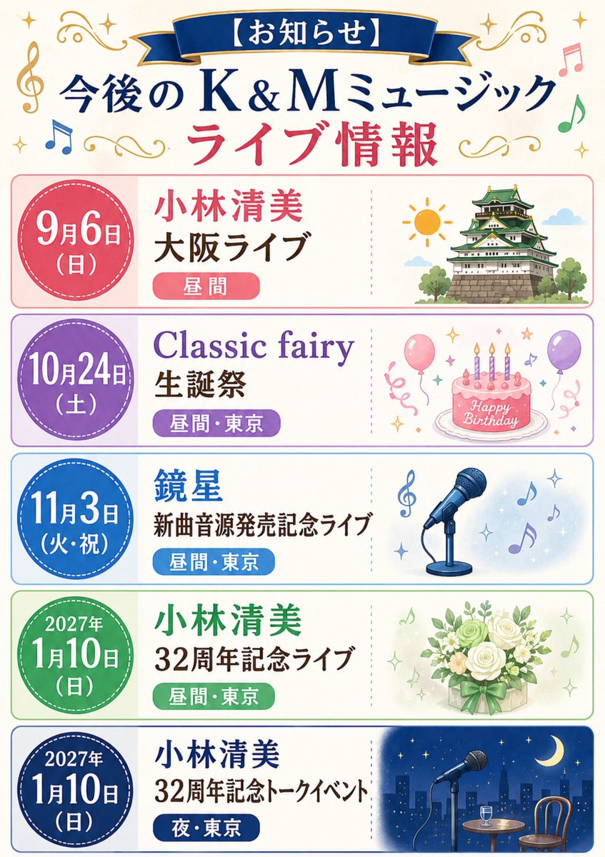 kmmusic2's tweet photo. 【K＆Mライブ情報】
9/6 小林清美（大阪ライブ/昼）
10/24 Classic fairy生誕祭ライブ（下北沢/昼）
11/3 鏡星ライブ（下北沢/昼）
12月 調整中
2027/1/10 小林清美32周年記念ライブ（渋谷/昼）
小林清美32周年記念トークイベント（都内某所/夜）
また後日、概要を発表します！
宜しくお願い致します！ https://t.co/IVY9Xj6u8L