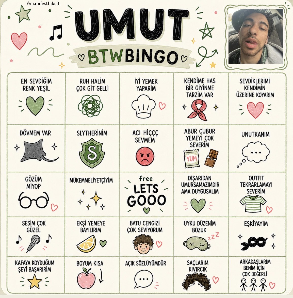 manifesthilaal's tweet photo. BTWBINGO GELDİ!!! Dünyanın en relatable insanı olduğu için en az bir kişinin bingo yapmasını bekliyorum, alıntılarda buluşalımm💚 https://t.co/QCAXzcTNpf