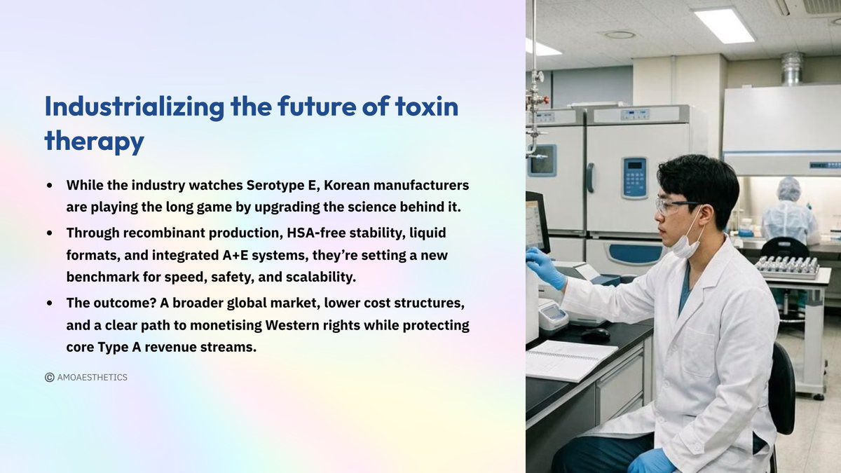AMOAESTHETICS_'s tweet photo. The future of botulinum toxin isn't just about faster onset, it’s about smarter bioprocessing. That's why Korean R&amp;D teams are taking a comprehensive approach to Serotype E &amp; will become a major hub for it's growth and development.
#kbeautyschool #AestheticScience #Regenerative https://t.co/haIuMojclR