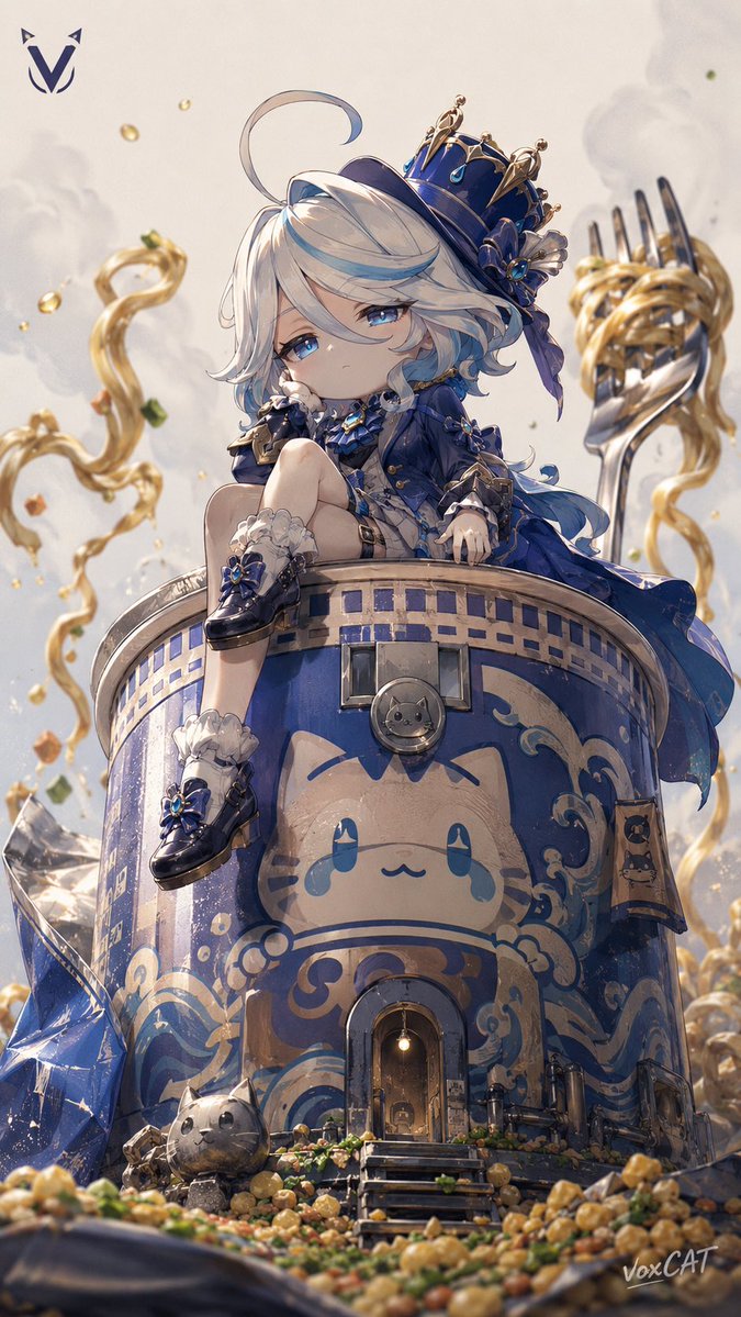 VoxcatAI's tweet photo. 以【角色】为主体，创作一张独立动画海报 × 怪诞萌系幻想插画。

【角色】坐在一个巨大的方便面桶顶部，将方便面桶设计成幻想世界中的王座。角色坐在桶盖边缘，身体保持小巧比例，头部略微夸张放大，形成巨大头 × 小身体的可爱视觉比例。

采用低机位广角仰拍视角，巨大方便面桶占据画面下方与前景，桶身形成强烈透视感，角色坐在顶部成为视觉中心。方便面桶像一座微型建筑或潮流玩具底座，周围加入放大的日常元素：巨大叉子、飘散的面条、调��料颗粒、热气蒸汽、包装纹理，让普通食���变成奇幻微缩世界。

角色保留原有发型、发色、瞳色、服装特征与标志性元素，根据角色自动调整服装材质与配色。角色坐姿自然慵懒：
单腿弯曲、另一腿自然垂下，手部放松，可抱膝或托脸，呈现冷淡、无所谓、丧萌、轻微嫌弃的表情。

整体风格：
独立动画角色设计 × 怪诞萌系插画 × 微缩幻想世界 × 潮流玩具海报。

画面质感：
手绘动画质感，细腻笔触，柔和颗粒纹理，丰富材质表现，食品包装反光，蒸汽半透明效果，童趣与荒诞结合。

色彩：
根据角色主题自动适配配色，加入方便面包装的鲜艳色彩作为视觉点缀，整体保持高级插画感。

构图：
9:16竖版，电影海报构图，低机位超广角，强烈空间透视，前景巨大化，中景角色主体，背景简洁留白，突出“角色坐在巨大方便面桶王座上”的创意。

加入 VOXCAT 品牌元素：
左上角加入简洁现代图形 logo，由 stylized “V” 与猫元素结合构成；
右下角加入小型手写签名“voxCAT”（vox 小写，CAT 大写）；
方便面桶包装局部加入低调 VOXCAT 联名设计，例如猫元素纹样、微型织标、金属铭牌或压纹细节。
不添加其他文字与品牌。

高清插画，细节稳定，手部自然，比例合理，独特视觉创意。