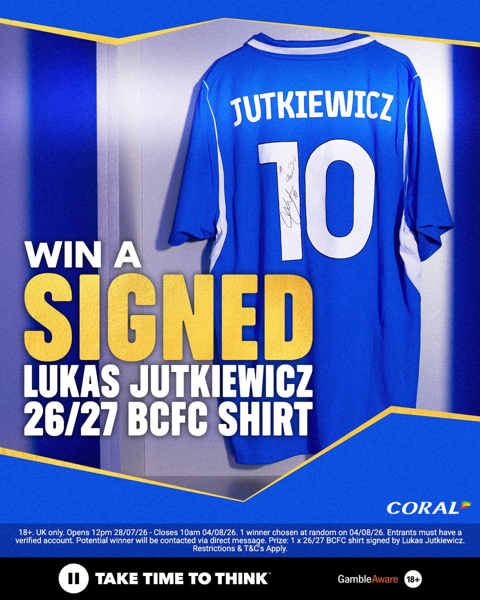 Coral's tweet photo. As the Principle Partner of @BCFC, we have a one of its kind 2026/27 Lukas Jutkiewicz signed shirt to give away from our reveal video!

For your chance to win:

- Follow @Coral
- Like &amp; Retweet
- Reply with your favourite Juke goal

Good luck!🤞

Closes at 10am on 04/08.