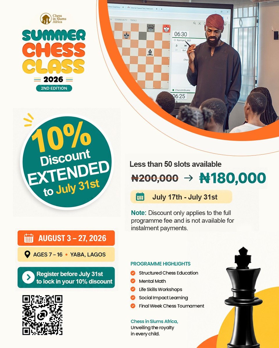 chessinslums's tweet photo. Deadline Extended! ⏳

Great news! We've extended the full-payment discount registration for our Summer Chess Class to Friday, July 31st.

This is your final opportunity to enjoy the discounted registration fee before the offer expires.

With our official countdown to August 3rdnow underway, we're getting ready to welcome every young chess enthusiast for an exciting summer of learning, strategy, creativity, and fun.

Don't miss this chance to secure your child's spot at the discounted rate. Register and complete your full payment on or before July 31st  to take advantage of the offer.

♟️ Summer Chess Class begins August 3rd. We can't wait to see you there!

For Registration: https://t.co/lZVbfR3lkx 

📷: @AmazynArts

#ChessInSlumsAfrica #UnveilingRoyaltyInEveryChild #Chess #summer #tundeonakoya