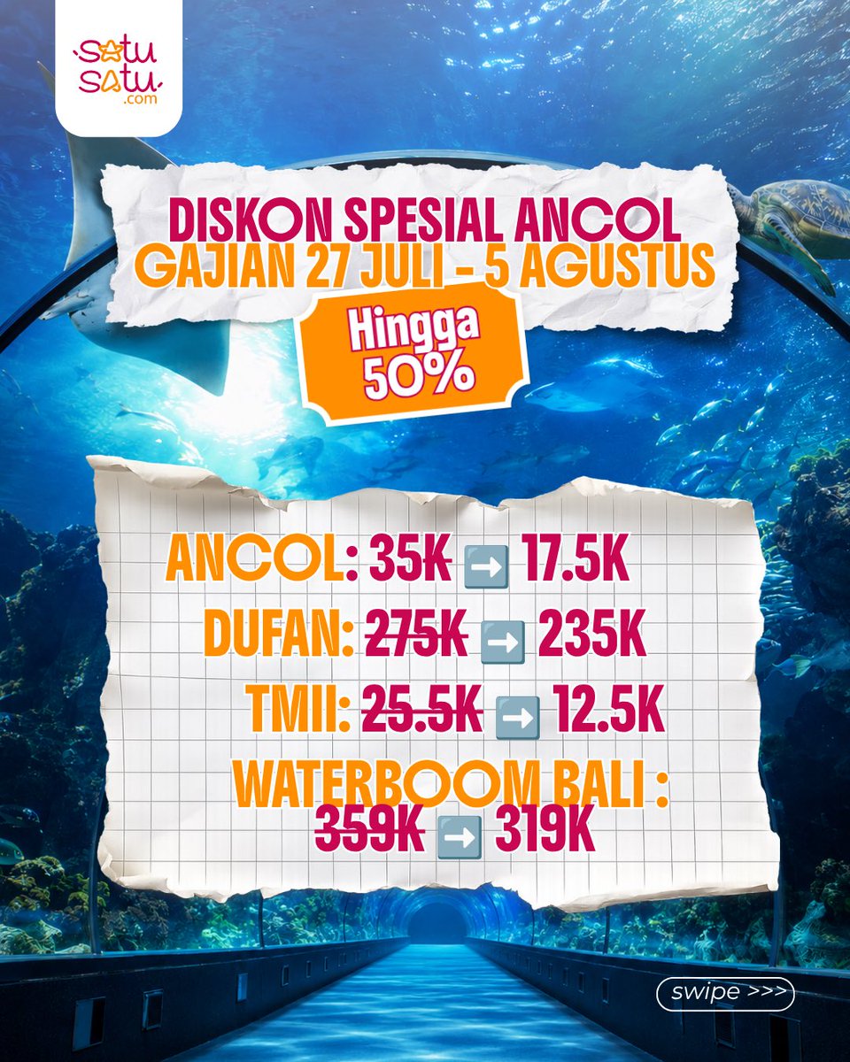 satusatucom's tweet photo. Nih kalkulasi yang bikin dompet lebih lega 👇

🎟️ Ancol: 35K ➝ 17.5K
🎢 Dufan: 275K ➝ 235K
🏰 TMII: 25.5K ➝ 12.5K
🌊 Waterbom Bali: 359K ➝ 319K

Lumayan kan? Sisanya bisa buat jajan 😌

#DiskonGajian #LiburanHemat #KodeVoucherGajian #InfoPromo https://t.co/Gu6BIQn7Wa